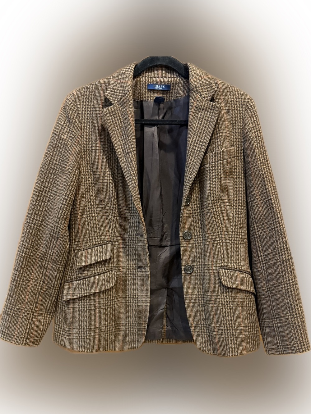 Chaps Wool Blend Plaid Blazer Jacket Brown Glen Check, Size 6, Like New